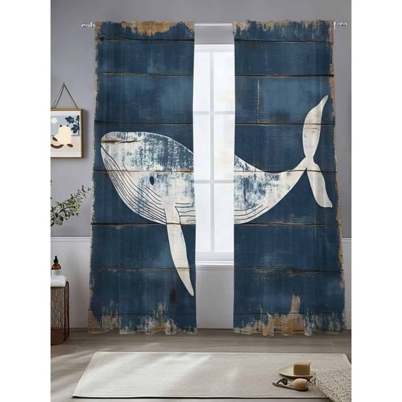 Ocean Whale Blue Sheer Curtains for Living Room Bedroom Summer Vintage Sea Wooden Grain Sheer Curtains 108 Inch Long 2 Panels Set Light Filtering Curtain Window Treatments Drapes for Dining Room