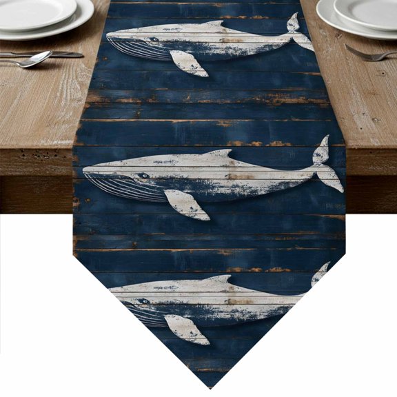 Ocean Whale Blue Table Runner Linen Burlap Table Runner 36 Inches Small Coastal Vintage Wood Grain Dresser Scarves for Kitchen Island Coffee Dining Room Party Wedding Banquet Holiday Decor 13"x36"