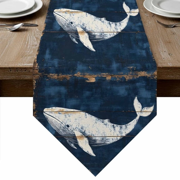 Ocean Whale Blue Table Runner Linen Burlap Table Runner 36 Inches Small Coastal Vintage Wooden Grain Dresser Scarves for Kitchen Island Coffee Dining Room Party Wedding Banquet Holiday Decor 13"x36"