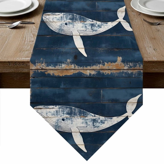 Ocean Whale Blue Table Runner Linen Burlap Table Runner 36 Inches Small Summer Vintage Sea Wooden Grain Dresser Scarves for Kitchen Island Coffee Dining Party Wedding Banquet Holiday Decor 13"x36"