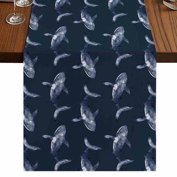 Ocean Whale Burlap Cotton Table Runner 13x36 Inches Short, Nautical Coastal Underwater Animals Summer Blue Farmhouse Table Runners, Outdoor Dining Tablecloths Decor for Baby Shower/Party/Wedding
