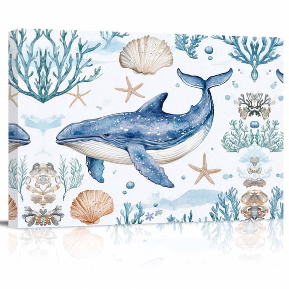 Ocean Whale Canvas Print Wall Art Starfish Shell Seaweed Watercolor Pictures Painting Morden Artwork for Living Room Bedroom, Ready to Hang - 12"x16"
