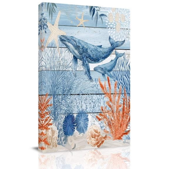Ocean Whale Canvas Wall Art for Living Room, Orange Blue Summer Sea Animal Corals Blue Wooden Wall Decor Framed Artwork Pictures Ready to Hang for Bedroom Office Home Decor