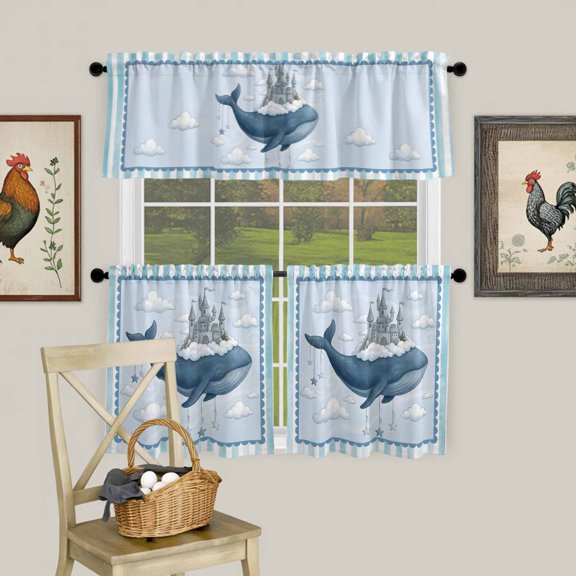 Ocean Whale Castle Cloud Sky Curtain Tier and Valance Set 3 Piece, Blue Theme Stripe 3-inch Rod Pocket Window Tier Curtains Valance for Kitchen Living Room