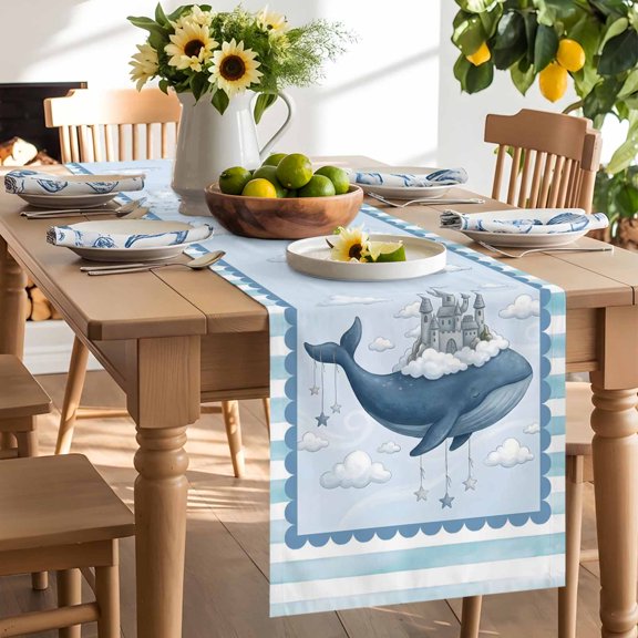 Ocean Whale Castle Cloud Sky Table Runner 72 Inch Long Blue Theme Stripe Table Runners Linen Burlap Tablerunner for Kitchen Dining Room Holiday Party