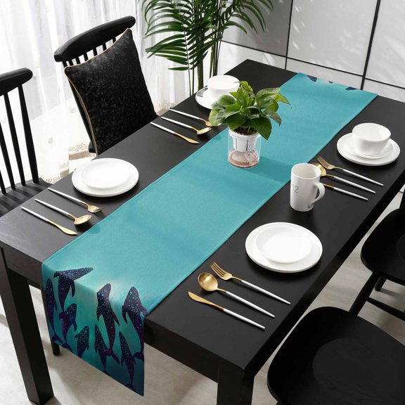 Ocean Whale Cotton Linen Small Table Runner 13 x 36 inch Coastal Nautical Teal Sea Non-slip Rectangular Dining Table Decor for Wedding Party Holiday Dinner