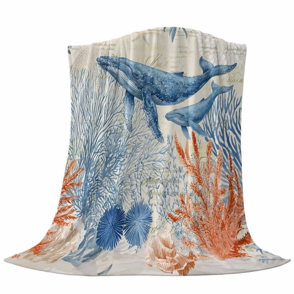 Ocean Whale Fleece Throw Blanket Orange Blue Summer Sea Animal Corals Starfish Retro Ultra Soft Fuzzy Cozy Flannel Throw Blanket for Couch Sofa Bed Car Travel, Ideal Gifts 40x50 Inches