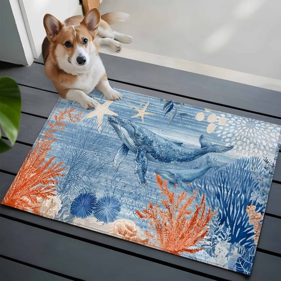 Ocean Whale Front Door Rugs 2x3 ft Orange Blue Theme Summer Sea Animal Corals Starfish Small Rug for Entryway Non Slip Washable Bathroom Door Mat Absorbent Floor Mat for Indoor Entrance