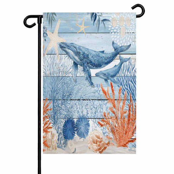 Ocean Whale Garden Flag 12x18 Inch Orange Blue Summer Sea Animal Corals Blue Wooden Double Sided Small Decorative Garden Flags for Outside, Outdoor Yard Porch Lawn Decoration