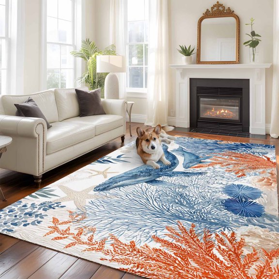 Ocean Whale Large Area Rugs 5x8 ft Summer Orange Blue Sea Animal Corals Starfish Washable Rug Non Slip Indoor Carpet Absorbent Floor Mat for Living Room Bedroom Dining Room