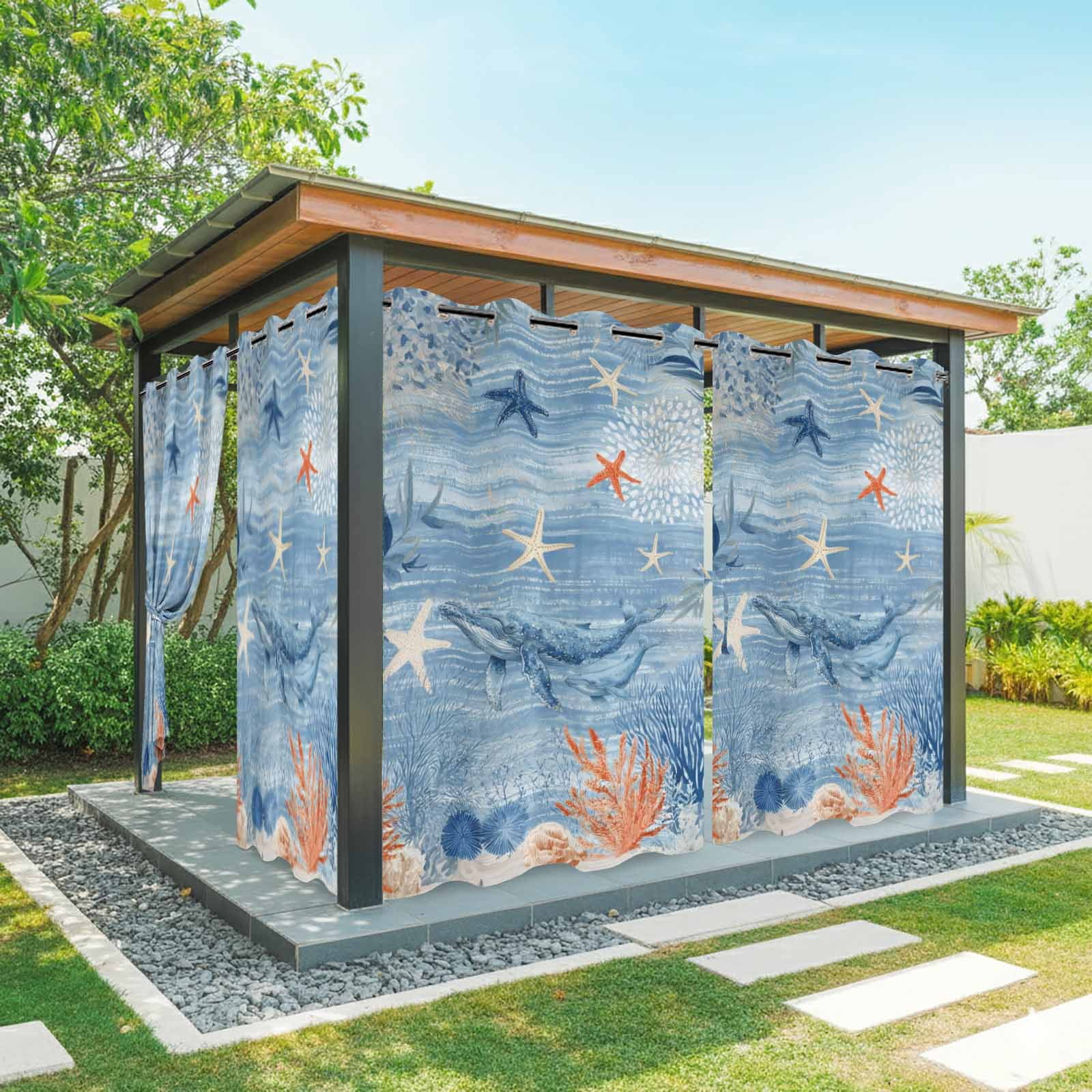Ocean Whale Outdoor Curtains for Patio, Orange Blue Theme Summer Sea Animal Corals Starfish Sunshade Privacy Drapes Grommet Waterproof Outside Curtains for Porch/Cabana/Balcony 54"x 108", 1 Panel