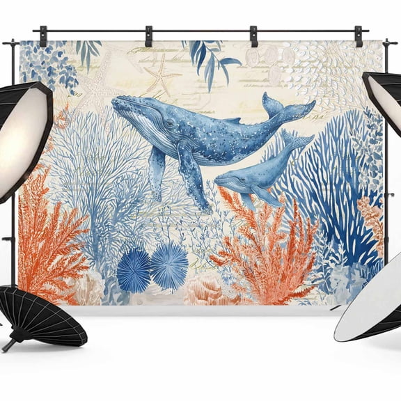 Ocean Whale Photography Backdrop 7x5FT, Orange Blue Summer Sea Animal Corals Starfish Retro Photo Backdrops, Background for Photography Studio Photo Studio Background, Back Drop for Photoshoot