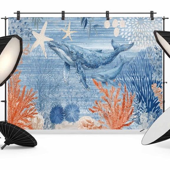 Ocean Whale Photography Backdrop 7x5FT, Orange Blue Theme Summer Sea Animal Corals Starfish Photo Backdrops, Background for Photography Studio Photo Studio Background, Back Drop for Photoshoot