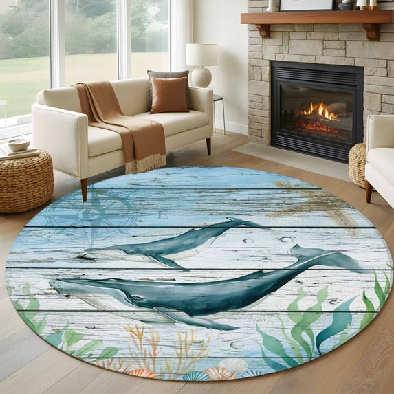 Ocean Whale Round Living Room Rugs 6 ft, Coral Starfish Vintage Wood Texture Washable Area Rug with Non-Slip Sturdy Edge Binding Round Carpet for Kitchen Office Bedroom