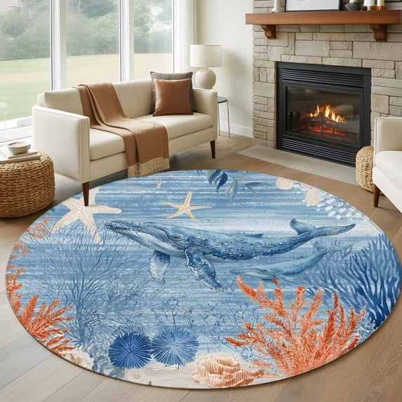 Ocean Whale Round Living Room Rugs 8 ft, Orange Blue Theme Summer Sea Animal Corals Starfish Washable Large Area Rug with Non-Slip Sturdy Edge Binding Round Carpet for Dining Room Kitchen Office