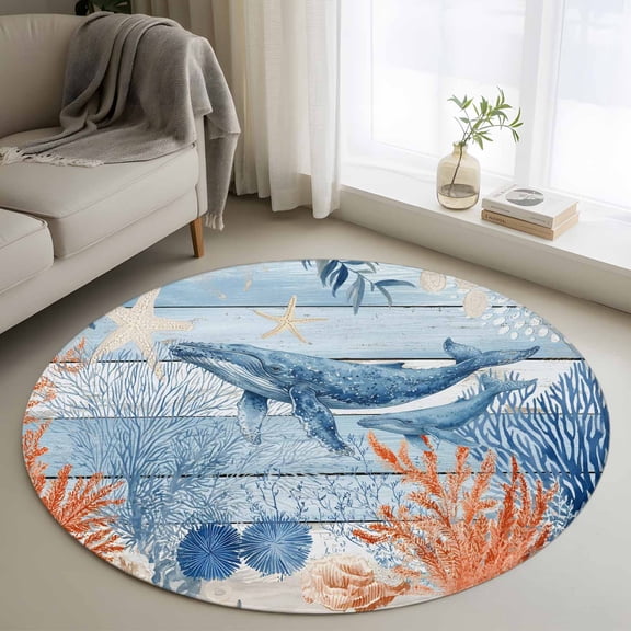 Ocean Whale Round Rugs for Living Room 3ft Orange Blue Summer Sea Animal Corals Blue Wooden Non Slip Circle Rug Washable Low-Profile Indoor Carpet for Bedroom, Dining Room, Bathroom