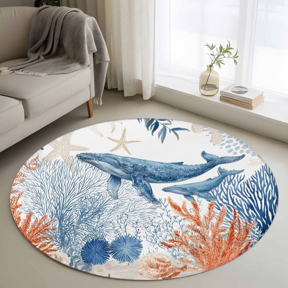 Ocean Whale Round Rugs for Living Room 3ft Summer Orange Blue Sea Animal Corals Starfish Non Slip Circle Rug Washable Low-Profile Indoor Carpet for Bedroom, Dining Room, Bathroom