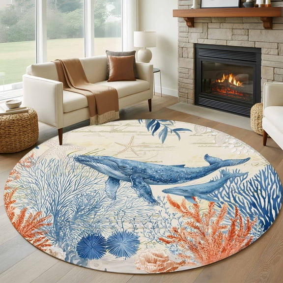 Ocean Whale Round Rugs for Living Room 5ft Orange Blue Summer Sea Animal Corals Starfish Retro Non Slip Circle Rug Washable Low-Profile Indoor Carpet for Bedroom, Dining Room, Bathroom