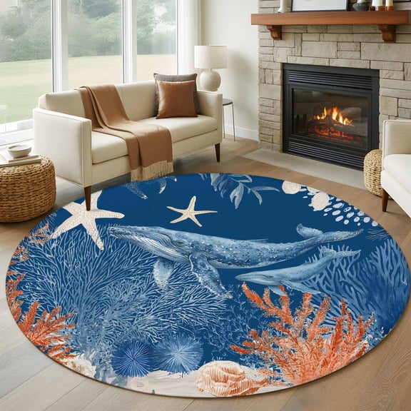 Ocean Whale Round Rugs for Living Room 7ft Orange Blue Summer Sea Animal Corals Teal Wooden Non Slip Circle Rug Washable Low-Profile Indoor Carpet for Bedroom, Dining Room, Bathroom