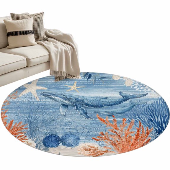 Ocean Whale Round Area Rug 3.3 ft Orange Blue Theme Summer Sea Animal Corals Starfish Washable Rugs for Living Room, Non Slip Soft Carpet for Bedroom Entryway Dining Room