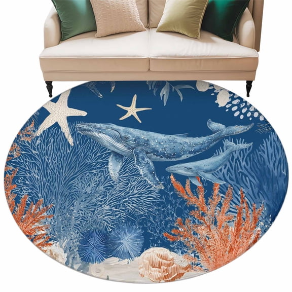 Ocean Whale Round Area Rug 5 ft Orange Blue Summer Sea Animal Corals Teal Wooden Washable Rugs for Living Room, Non Slip Soft Carpet for Bedroom Entryway Dining Room