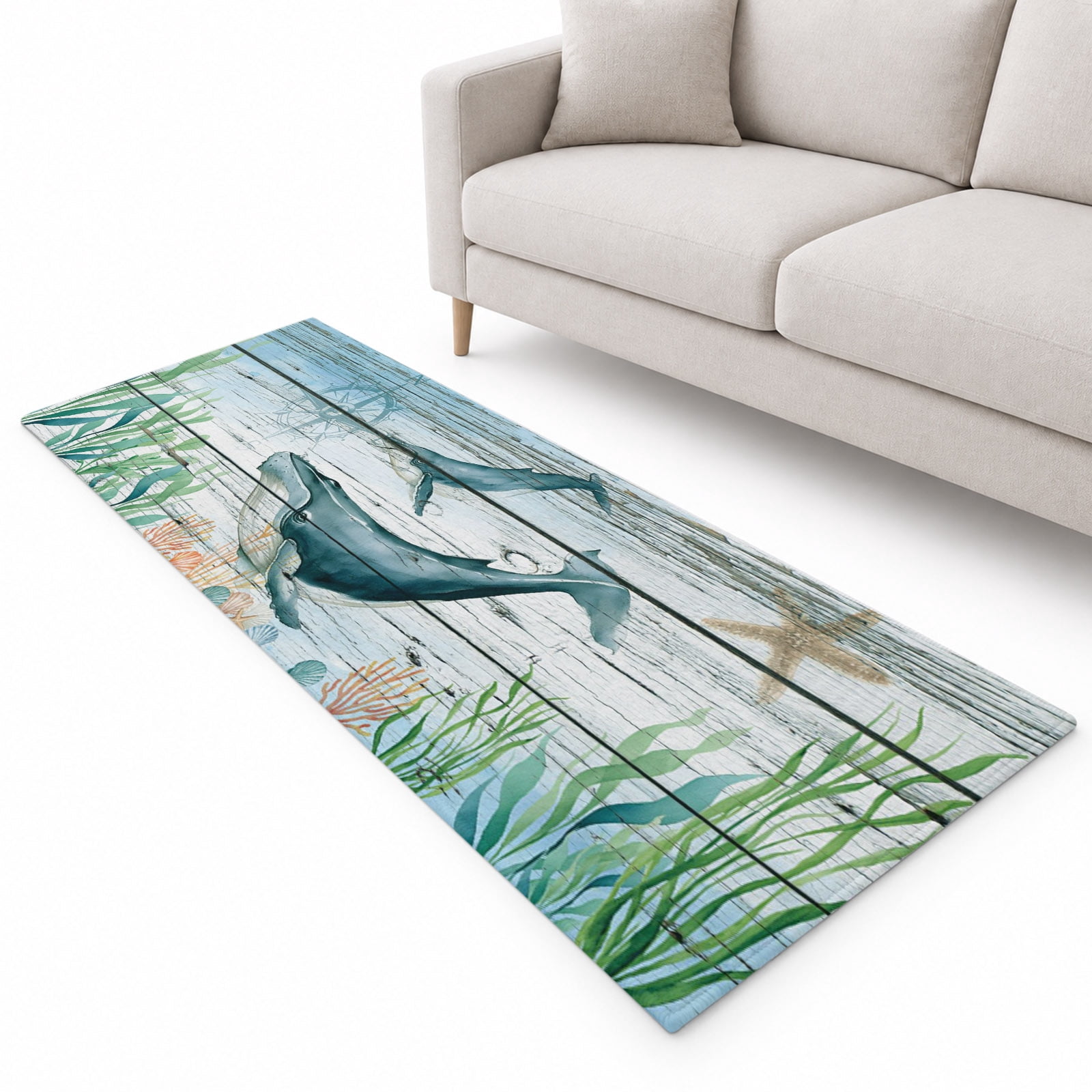 Ocean Whale Runner Rug 2.6'x8', Coral Starfish Vintage Wood Texture ...