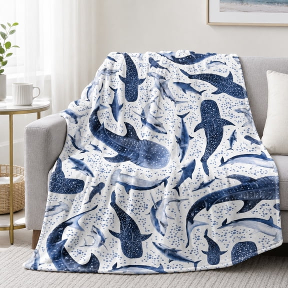 Ocean Whale Shark Fleece Blanket – Soft 280 GSM Throw for Sofa, Couch & Lounge Chair | Blue & White Marine Print