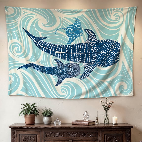 Ocean Whale Shark Stingray Marine Life Wall tapestry,Large size Printed Horizontal Tapestry blanket,Polyester Fabric Wall Hanging for bedroom,living room,Gift for Family and Friends