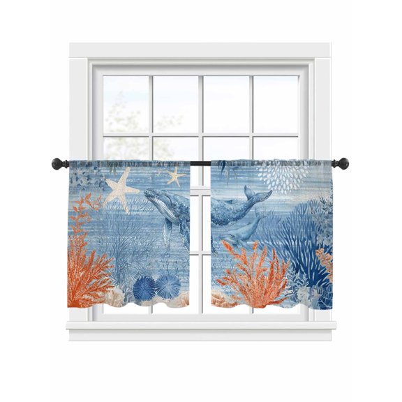 Ocean Whale Sheer Curtains 2 Panels Set Orange Blue Theme Summer Sea Animal Corals Starfish Sheer Window Curtains Light Filtering Rod Pocket Voile Drapes for Bedroom Living Room 52"x45"