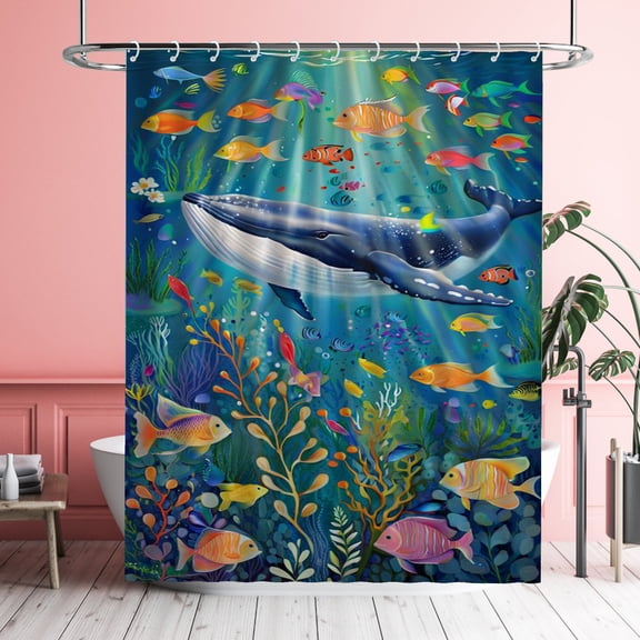 Ocean Whale Shower Curtain Underwater World Nautical Waterproof Bathroom Curtains with Plastic Hooks Unique Under The Sea Colorful Fishes Seaweed Themed Bathroom Decor
