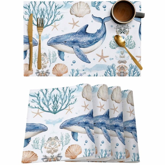 Ocean Whale Starfish Shell Placemats Set of 4,Wipeable Washable Table Mats for Dining Tables,Sea Corals Underwater World Place Mats for Kitchen Event Party Tabletop Decor