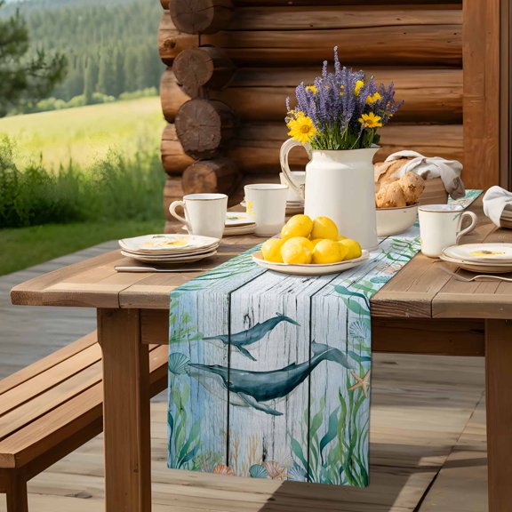Ocean Whale Starfish Shell Table Runner 13x36in Non-Slip Cotton Linen Table Runners, Nautical Compass Retro Wood Plank Dresser Scarves TableRunner for Dinner Kitchen Dining Wedding Party