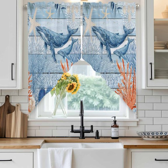 Ocean Whale Swag Curtain Valance for Windows, Orange Blue Summer Sea Animal Corals Blue Wooden Window Treatments Short Swag Topper for Kitchen Windows Bathroom Bedroom, 36"x36"