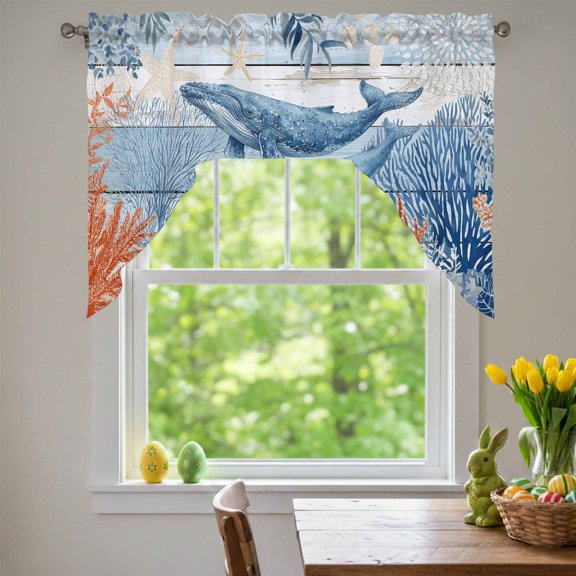 Ocean Whale Swag Valances for Kitchen Window, Orange Blue Summer Sea Animal Corals Blue Wooden Small Swag Valances Rod Pocket Curtain Drapes Window Treatment for Bedroom Bathroom, 56x36 Inch