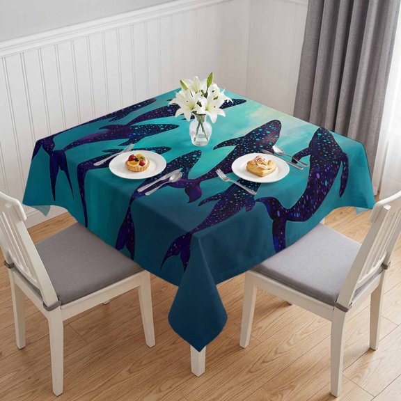 Ocean Whale Table Cloth Waterproof Tablecloths, Coastal Nautical Teal Sea Tablecloth Dining Table Cover for Kitchen Party Tabletop Outdoor, Square Tablecloth 60x60 Inch