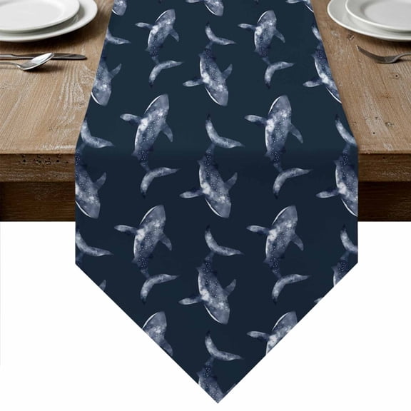 Ocean Whale Table Runner Linen Burlap Table Runner 48 Inches Long Nautical Coastal Underwater Animals Summer Blue Dresser Scarves for Kitchen Island Coffee Dining Room Party Holiday Decor 13"x48"