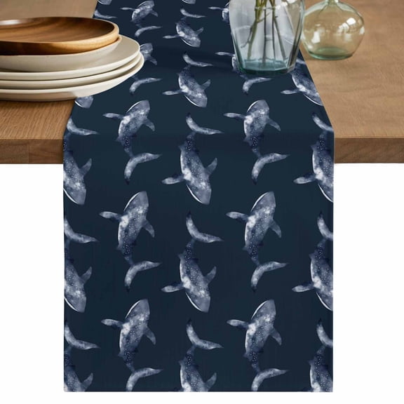 Ocean Whale Table Runner, Nautical Coastal Underwater Animals Summer Blue Washable Cotton Linen Table Runners 48 Inches Long, Dresser Scarf Runner for Nightstand/Coffee/End Tables 13''x48''