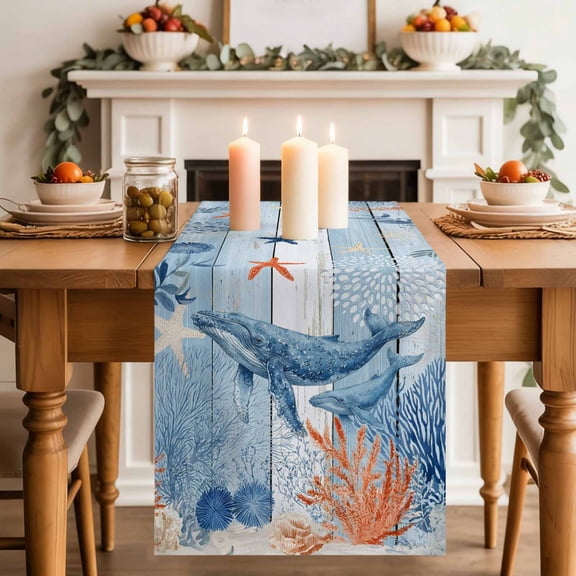 Ocean Whale Table Runner, Orange Blue Summer Sea Animal Corals Blue Wooden Cotton Linen Kitchen Table Decoration Washable Dining Tabletop Runners for Home Party Decor 13x48 Inches