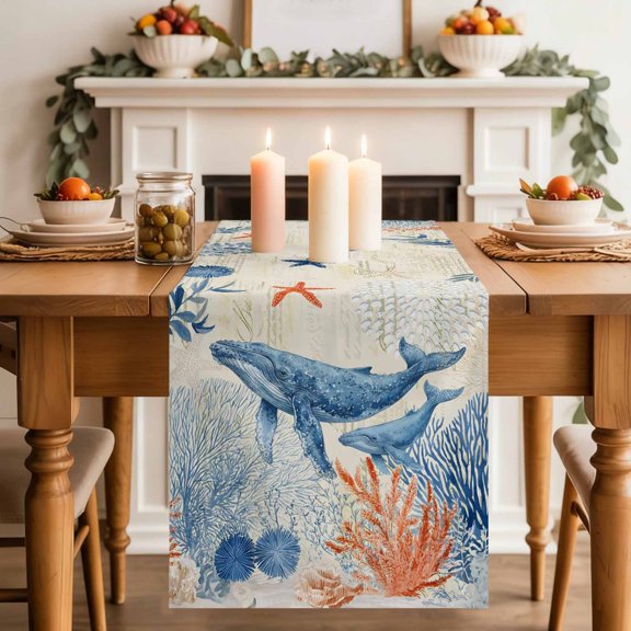 Ocean Whale Table Runner, Orange Blue Summer Sea Animal Corals Starfish Retro Cotton Linen Kitchen Table Decoration Washable Dining Tabletop Runners for Home Party Decor 13x36 Inches