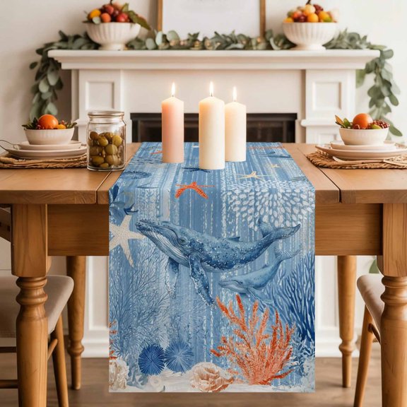 Ocean Whale Table Runner, Orange Blue Theme Summer Sea Animal Corals Starfish Cotton Linen Kitchen Table Decoration Washable Dining Tabletop Runners for Home Party Decor 13x60 Inches