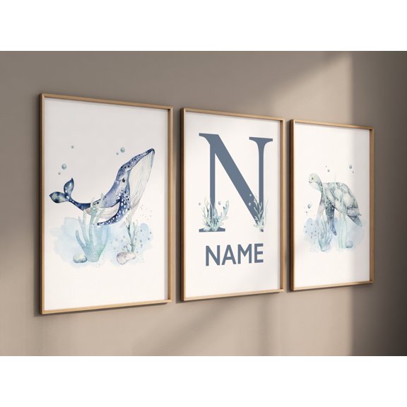 Ocean Whale Turtle Initial Nursery Poster, Set 3, , Poster Only, Set 3, , Poster Only
