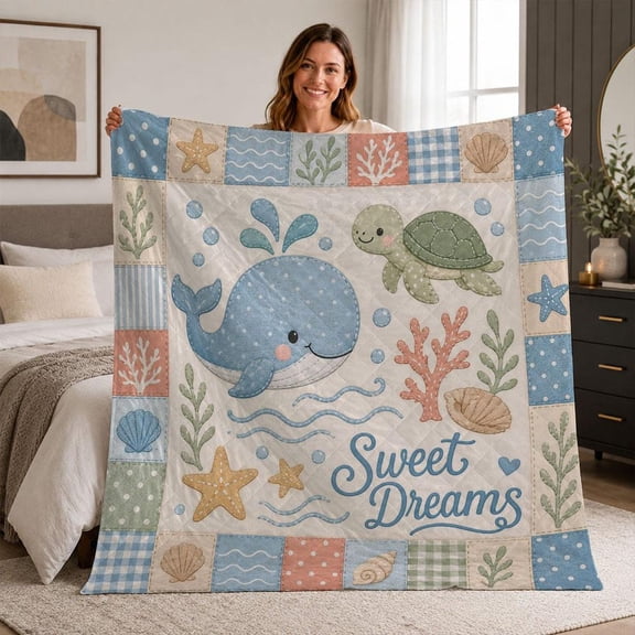 Ocean Whale Turtle Quilt, Sweet Dreams Nursery Throw, Sea Animal Patchwork Blanket