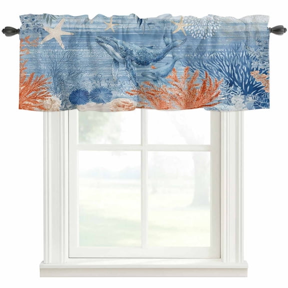 Ocean Whale Valances for Windows Orange Blue Theme Summer Sea Animal Corals Starfish Rod Pocket Curtain Valance Window Treatment Short Curtains for Kitchen Living Room, 42"x18"