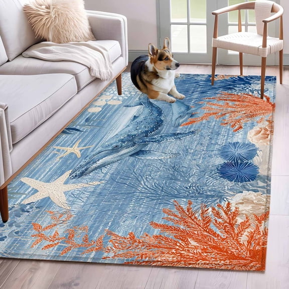 Ocean Whale Washable Area Rug 3x5 Orange Blue Theme Summer Sea Animal Corals Starfish Low-Profile Small Area Rugs with Non Slip Backing Indoor Floor Carpet for Entrance Living Room Bedroom