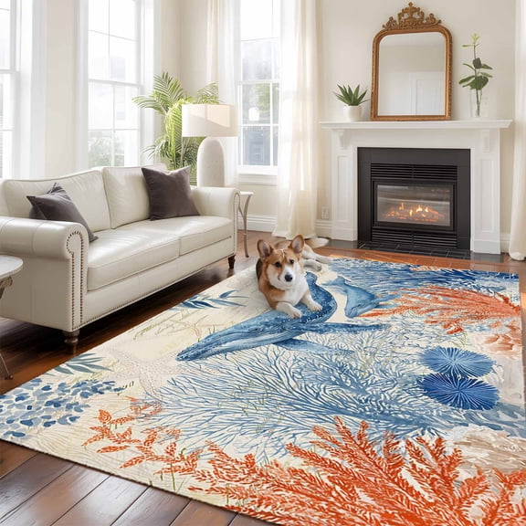 Ocean Whale Washable Area Rug 6x9 Orange Blue Summer Sea Animal Corals Starfish Retro Low-Profile Large Area Rugs with Non Slip Backing Indoor Floor Carpet for Entrance Living Room Bedroom