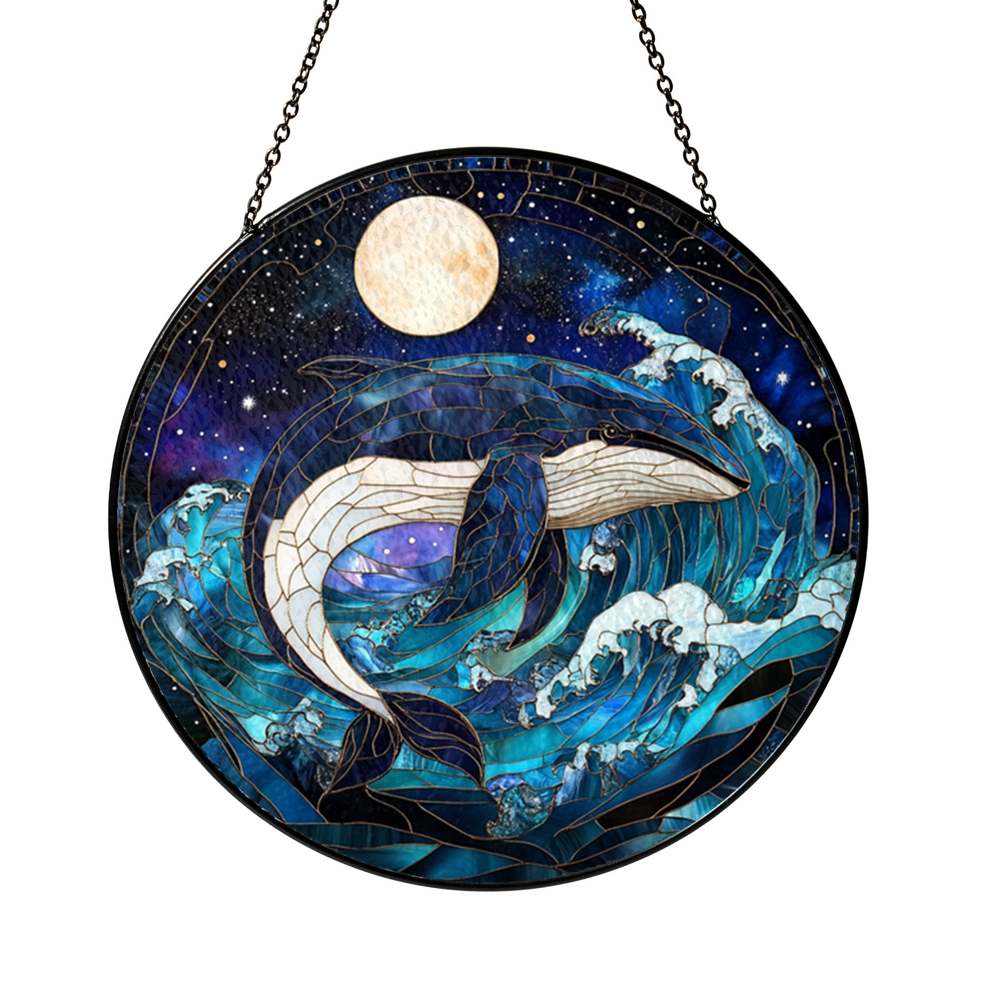 Ocean Whale Window Decor – Stained Glass Style Moonlit Sea Art ...