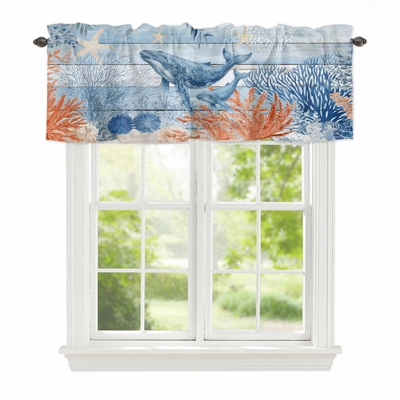 Ocean Whale Window Valance for Kitchen, Orange Blue Summer Sea Animal Corals Blue Wooden Rod Pocket Short Curtain for Small Windows, Light Filtering Decorative Valance, 56 x 16 Inch, 1 Panel