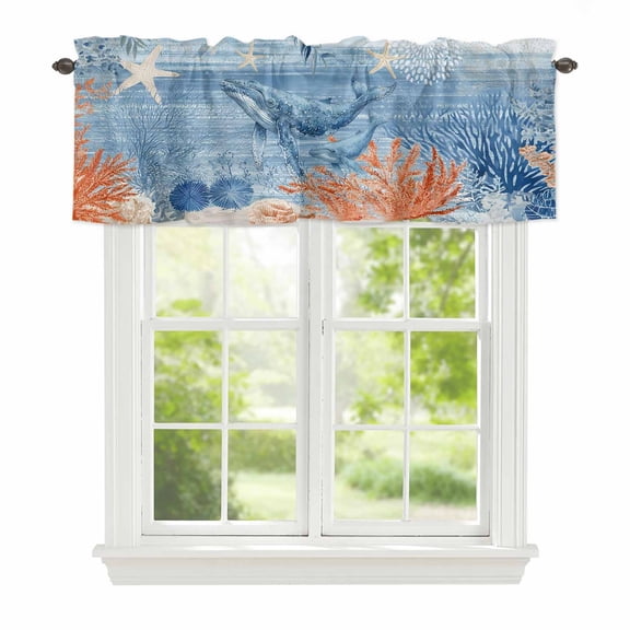 Ocean Whale Window Valance for Kitchen, Orange Blue Theme Summer Sea Animal Corals Starfish Rod Pocket Short Curtain for Small Windows, Light Filtering Decorative Valance, 60 x 18 Inch, 1 Panel