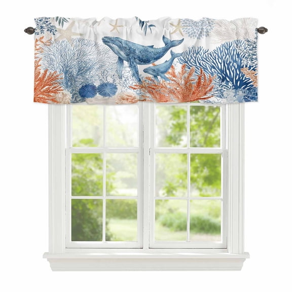 Ocean Whale Window Valance for Kitchen, Summer Orange Blue Sea Animal Corals Starfish Rod Pocket Short Curtain for Small Windows, Light Filtering Decorative Valance, 56 x 16 Inch, 1 Panel
