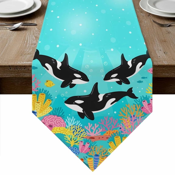 Ocean Whales Table Runner Linen Burlap Table Runner 36 Inches Small Summer Coastal Sea Corals Teal Turquoise Dresser Scarves for Kitchen Island Coffee Dining Room Party Wedding Holiday Decor 13"x36"